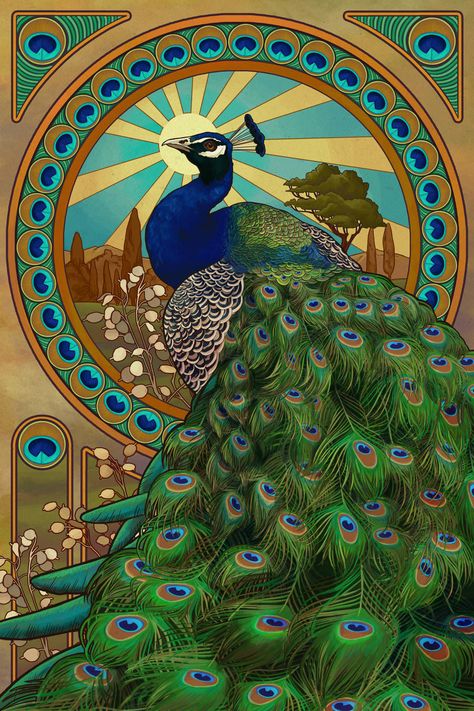 Art Deco Peacock, Motifs Art Nouveau, Illustration Art Nouveau, Art Deco Artwork, Art Nouveau Poster, Peacock Painting, Peacock Art, Illustration Vintage, Arte Animal