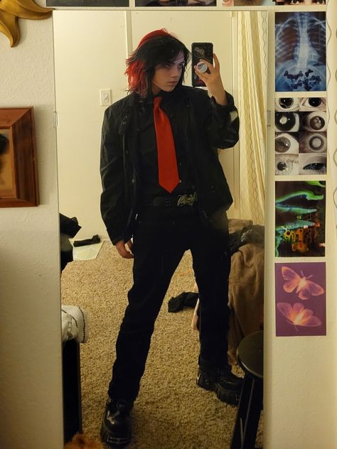 Red Emo Aesthetic, Vampire Goth Men, Mall Goth Hair, Emo Goth Aesthetic, Emo Prom, Black And Red Suit, Prom Men, Goth Pants, Scene Goth