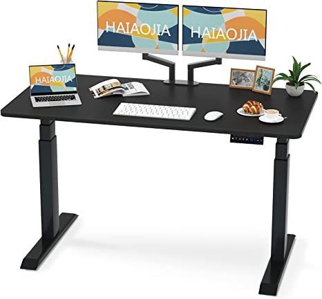 HAIAOJIA Electric Standing Desk Dual Motor Height Adjustable Desk Load 270lbs 3 Stage Stand Up Desk for Home Office, 55 x 27 Inches One Piece Table Top, Black Standing Desk Height, Electric Sit Stand Desk, Height Adjustable Desk, Black Desktop, Home Office Computer Desk, Electric Standing Desk, Computer Workstation, Adjustable Height Standing Desk, Stand Up Desk