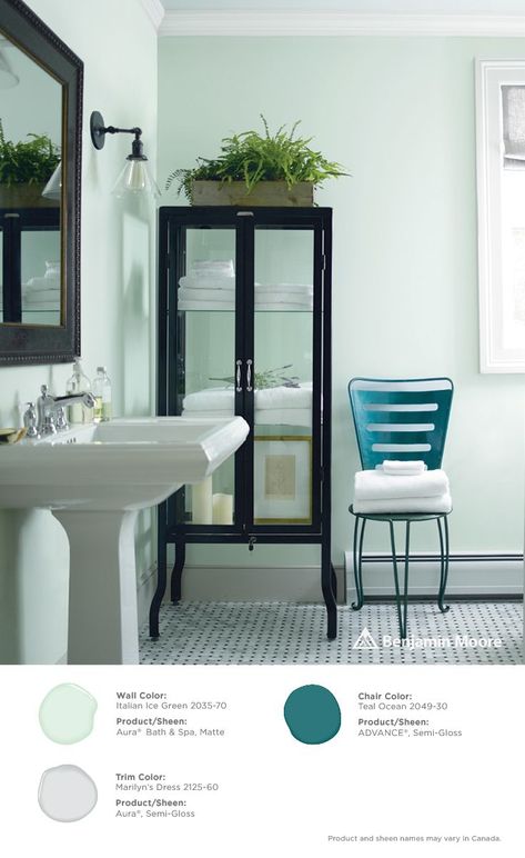 Italian Ice Green - Benjamin Moore Bathroom Paint Colors Benjamin Moore, Benjamin Moore Bathroom, Best Bathroom Paint Colors, Tranquil Bathroom, Top Paint Colors, Italian Ice, Bathroom Paint Colors, Paint Colors Benjamin Moore, Green Paint Colors