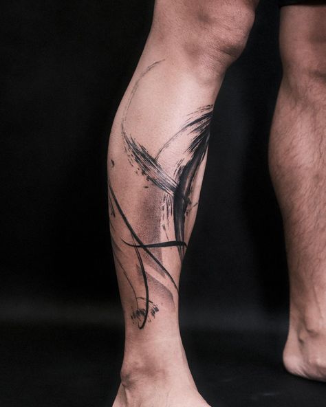 Noir | Abstract brushstrokes on Jeremy, Thank you! | Instagram Abstract Tattoo Men, Black Abstract Tattoo, Mens Leg Tattoo, Line Tattoo Arm, Back Of Leg Tattoos, Abstract Tattoo Ideas, Abstract Tattoos, Nature Tattoo Sleeve, Brush Tattoo