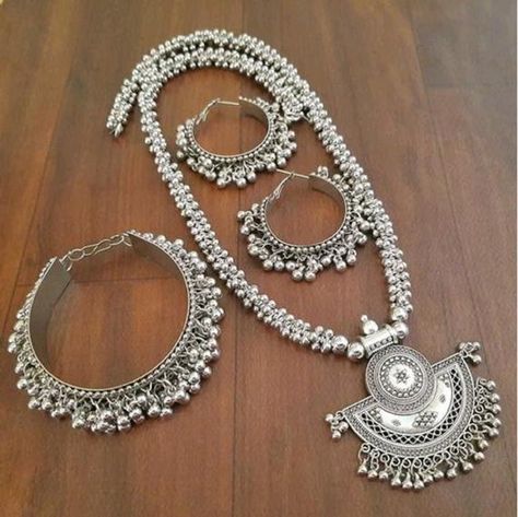 Jewellery For Navratri, Oxidised Silver Jewelry, German Silver Jewelry, Oxidized Necklace, Silver Necklace Set, Long Silver Necklace, Indian Jewelry Sets, Silver Jewellery Sets, Indian Earrings