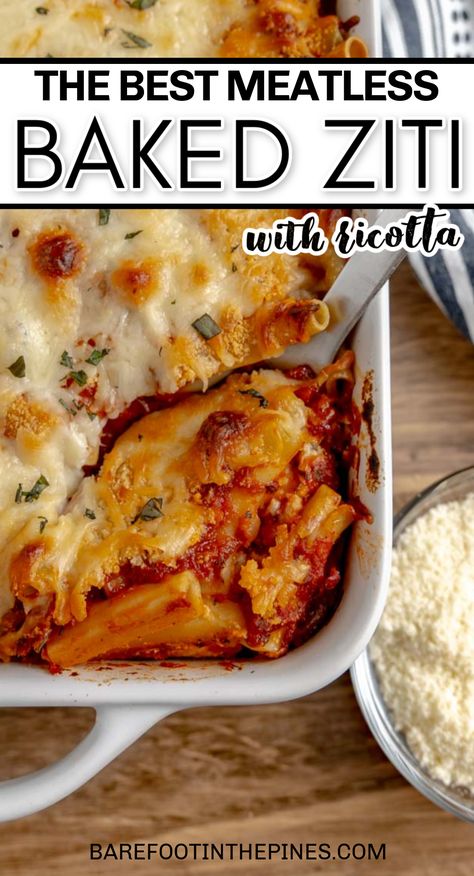 Oven Baked Ziti Meatless, Pasta With No Meat Recipes, Baked Pasta Recipes No Meat, Ricotta Baked Ziti, Baked Ziti With Ricotta No Meat, No Meat Baked Ziti, Baked Ziti Without Meat, Meatless Baked Ziti With Ricotta, Vegetarian Pasta Bake Recipes