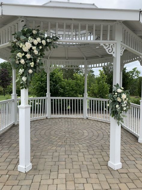 Wedding Flowers On Gazebo, Outdoor Wedding Ceremony Gazebo Floral Arch, Gazebo Decorating Ideas Wedding Simple, Simple Wedding Gazebo Decor, Ceremony Gazebo Decorations, Wedding Flowers Gazebo, Gazebo Ceremony Decor, Gazebo Wedding Flowers, Gazebo Flowers Wedding