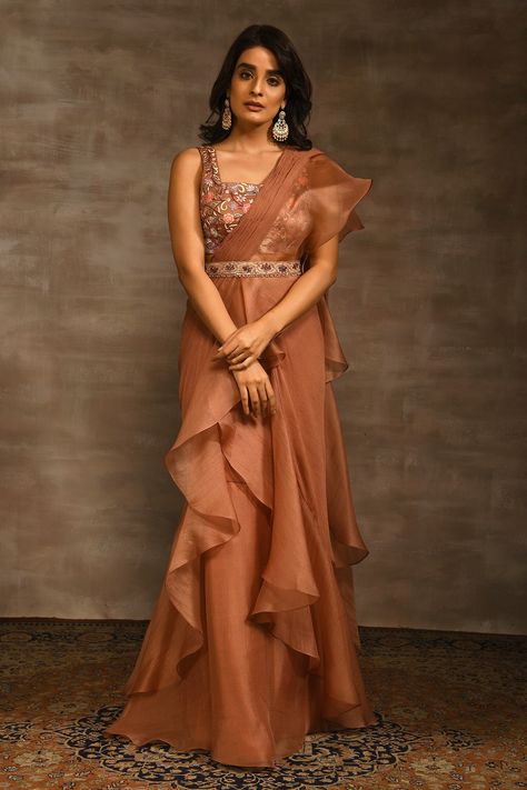 Shop for these amazing collections of Brown Chiffon Embroidery Thread Ruffle Pre-stitched Saree With Blouse For Women by Radhika & Raghav online at Aza Fashions. Pre Stitched Sarees, Bronze Saree, Ruffle Saree With Belt, Ruffle Saree Designs, Pre Stitched Saree, Ruffled Saree, Simple Long Dress, Chiffon Embroidery, Saree With Belt