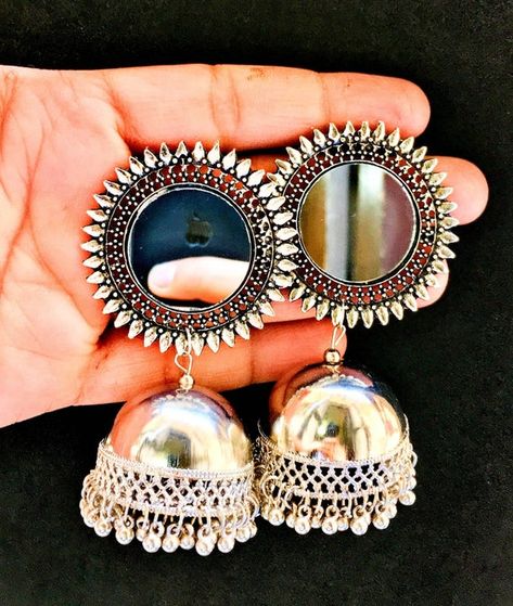 Afghani Jhumka, Mirror Jhumka, Oxidised Jhumka, Black Metal Jewelry, Silver Jhumkas, Earrings To Make, Oxidised Silver Jewelry, Silver Jewelry Accessories, Indian Jewelry Earrings