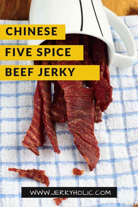 This blend of 5 spices commonly used in Chinese cuisine create a beef jerky that is wonderfully sweet and spicy! #jerky #beef #beefjerky #homemadejerky #jerkyrecipe #fivespice #chinese #snacks #healthy #protein #highprotein Jerky Seasoning Recipe, Marinate Recipe, Easy Beef Jerky, Jerky Marinade Recipes, Jerkey Recipes, Jerky Marinade, Chinese Five Spice, Homemade Jerky, Jerky Recipe