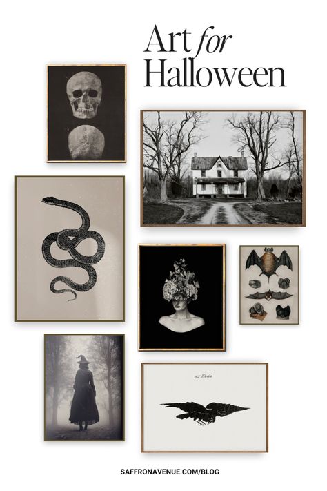 Halloween Art Prints and a Free Halloween Printable - Saffron Avenue Halloween Prints Black And White, Gothic Halloween Printables Free, Halloween Picture Printables, Black And White Halloween Printables, Creepy Halloween Printables Free, Free Halloween Art Prints, Free Diy Halloween Decorations, Vintage Spooky Art, Gothic Printables Free