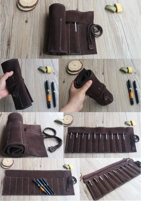 DIY Pencil Case - Genuine Leather Roll Up Pen Pencil Case, Back to school will be more fun if you have a new pencil place. You can make your own DIY pencil case. You do not have to buy in the store to get it. Pencil Case Leather Design, Pen Case Diy, Pencil Case Diy, Leather Pencil Roll, Roll Up Pencil Case, Pencil Case Design, Cool Pencil Cases, Leather Tool Roll, Diy Pencil Case