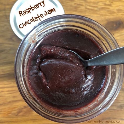 Raspberry Chocolate Jam Recipe - Northern Homestead Raspberry Chocolate Jam Recipe, Chocolate Jam Recipes, Lecho Recipe, Chocolate Raspberry Jam, Canned Zucchini, Jam Ideas, Chocolate Jam, Instant Dessert, Quark Cheese