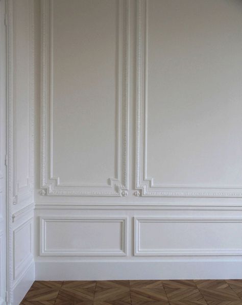 Classic architectural wall embellishments featuring decorative wall panels, chair rail and baseboard molding; paneled wall ideas; wall paneling Architectural Wall Panel, French Country Rug, False Ceiling Living Room, Plafond Design, French Walls, Panel Moulding, Wall Trim, Decorative Wall Panels, Decorative Mouldings