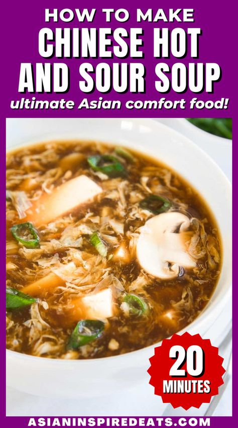 a bowl of hot and sour soup showing mushrooms, green onions and deep broth Hot And Sour Soup Recipe Easy, Hot And Sour Soup Recipe, Sour Soup Recipe, Hot Sour Soup, Asian Soup Recipes, Chard Recipes, Hot And Sour Soup, Recipes Soup, Chinese Takeout