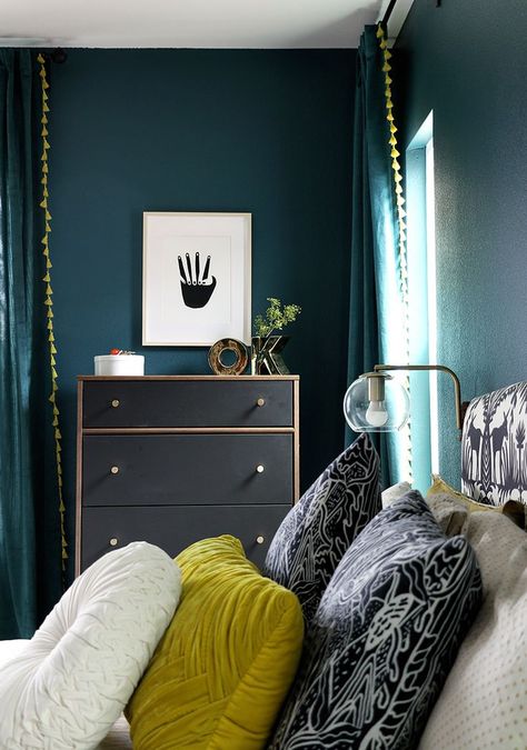 Love this dark bedroom with teal walls with matching curtains   #persialou #homedecor #bedroomdecorideas #bedroom decor #darkwalls Dark Teal Bedroom, Teal Bedroom Decor, Korean Bedroom, Bedroom Teal, Teal Bedroom, Dark Bedroom, Teal Walls, Bedroom Images, Eclectic Bedroom