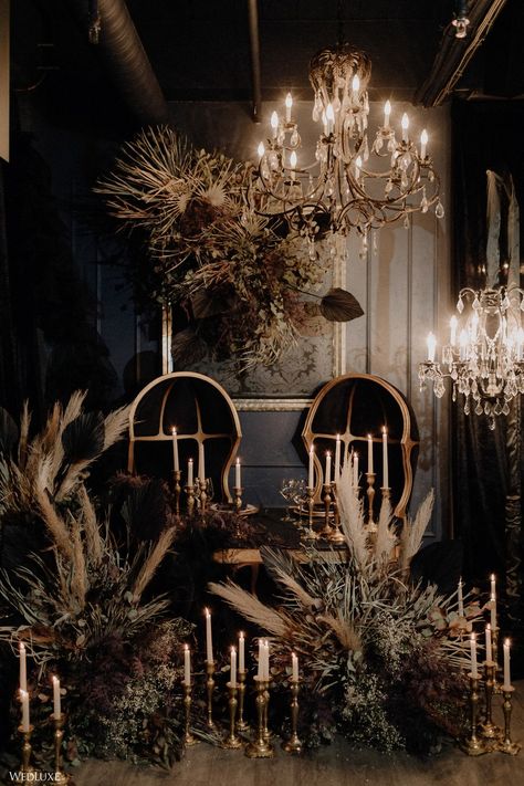 Goth Chic Wedding Decor, Glam Goth Wedding, Gothic Wedding Backdrop, Unconventional Wedding Decor, Dark Romance Wedding Theme, Boho Goth Wedding, Moody Chandelier, Goth Reception, Goth Glam Wedding