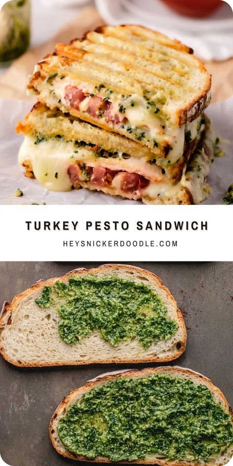 This sandwich is loaded with pesto, melty fontina cheese, piled high with delicious slices of turkey and tomato and then grilled or toasted until it is a perfect golden brown. It has got tons of flavor and is a great lunch or dinner choice! Turkey Pesto Sandwich, Turkey Pesto, Pesto Sandwich, Fontina Cheese, Health Dinner Recipes, Chapati, Golden Brown, Diy Food Recipes, I Love Food