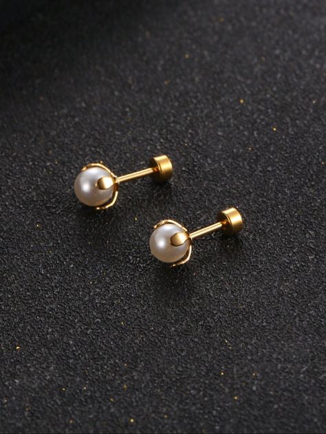 Gold  Collar  Stainless Steel   Embellished   Women Fashion Jewelry Pearl Studs Earrings Gold Indian, Pearl Studs Earrings Gold, Gold Studs Earrings Indian, Gold Earrings Studs Simple, Pearl Earrings Studs, Stud Gold Earrings, Letter Pattern Design, Jewellery Styling, Pearl Earrings Designs