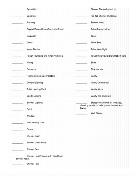 Bathroom remodel checklist (no bathtub) Checklist For Bathroom Remodel, Bathroom Renovation Checklist, Bathroom Remodel Checklist, Organizer Printables, Renovation Checklist, Remodeling Checklist, Basic Bathroom, Quantity Surveying, Remodel Checklist