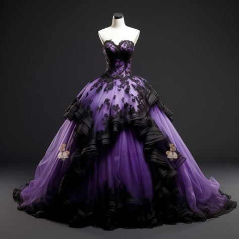 Dark Purple Wedding Dress The Bride, Black And Purple Quinceanera Dresses, Purple And Black Wedding Dress, Black And Purple Wedding Dress, Dark Purple Quinceanera Dresses, Layla Aesthetic, Dark Purple Gown, Dresses Sketches, Gothic Ball Gown