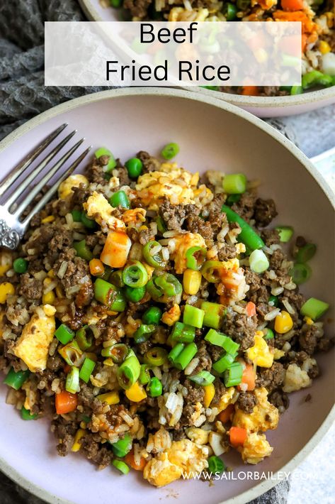 Beef fried rice is nourishing, filling, jam packed with veggies and flavor. The perfect quick weeknight meal to prep. via @sailor_bailey Fried Rice Ground Beef, Beef Fried Rice Recipe, Bailey Recipes, Mince Dishes, Sailor Bailey, 2024 Meals, Cozy Recipes, Beef Fried Rice, Asian Meals