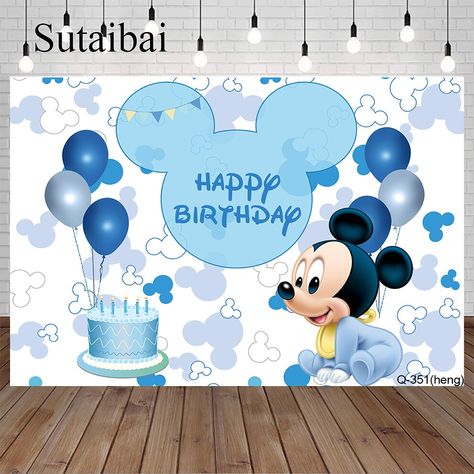 Mickey Mouse First Birthday, Baby First Birthday Cake, Baby Mickey Mouse, Minnie Mouse Theme, First Birthday Party Decorations, Baby Mickey, Custom Cartoons, Blue Backdrops, Birthday Background