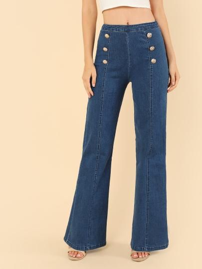 Shop High Waisted Flared Jeans wth Button Detail online. SheIn offers High Waisted Flared Jeans wth Button Detail & more to fit your fashionable needs. Roll Bounce, High Waisted Flared Jeans, Jeans Sewing, Eid Outfit, Cute Sewing Projects, High Waisted Flare Jeans, Button Fly Jeans, Winter 2023, Denim Flares