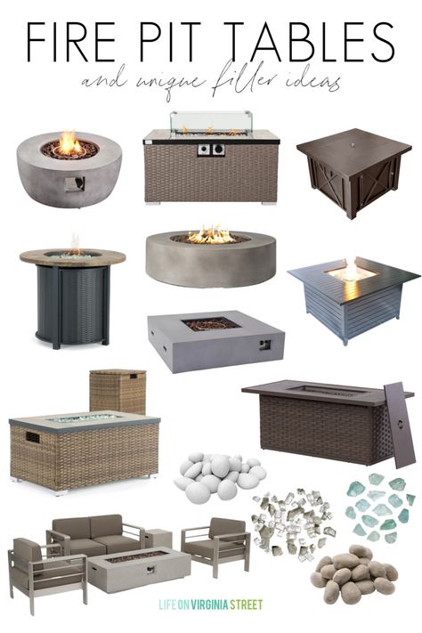 A collection of fire pit tables, fire pit sets, and unique fire pit filler ideas! Fire Pit Filler, Fire Pit Tables, Fire Pit Coffee Table, Fire Pit Table Set, Small Fire Pit, Life On Virginia Street, Outdoor Fire Table, Outdoor Fire Pit Table, Fire Pit Sets