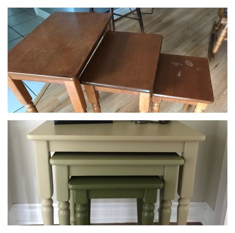 Updated Moms nesting tables in hues of green Ikea Nesting Tables, Table Renovation, Table Upcycle, Hues Of Green, Wood Nesting Tables, Fireplace Room, Table Flip, Nesting Table, Upcycling Ideas