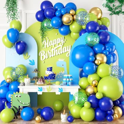 Green Balloon Arch, Safari Theme Birthday Party, Jungle Safari Theme, Green Confetti, Dinosaur Balloons, Blue Fruit, Safari Theme Birthday, Balloon Chain, Blue Fruits