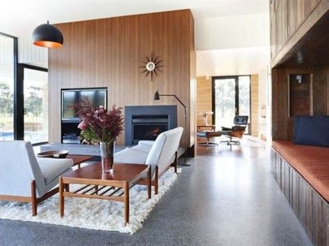 polished concrete floors are rather cold, so you can add comfy rugs Concrete Living Room Floors, Concrete Floors Living Room, Mod Living Room, Grand Designs Australia, Comfy Rugs, Rammed Earth Homes, Concrete Flooring, Latest House Designs, Rammed Earth