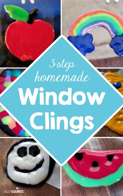 DIY window clings for kids in simple three steps - My Silly Squirts Diy Window Gel Clings, Elmers Glue Window Clings, Easy Craft Projects For Kids, Diy Window Clings For Kids, Diy Window Stickers, Glue Window Clings, Window Cling Crafts, Take And Make Crafts, Window Activities