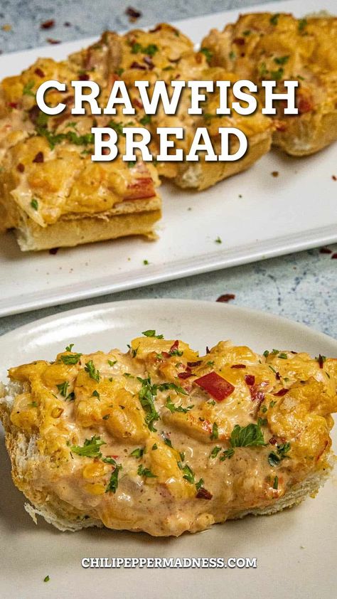 Crawfish Bread served on a plate Cheesy Crawfish Bread, Crawfish Julie Recipe, Crawfish Stuffed Potatoes, Cajun Crawfish Bread, Crawfish Sausage Recipes, Razzoos Crawfish Fondue Recipe, Meals With Crawfish Tails, Crawfish Mashed Potatoes, Crawfish Puff Pastry