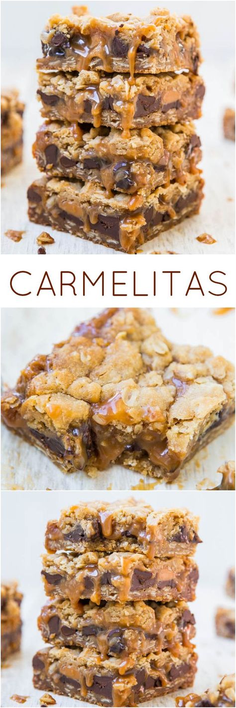 Carmelitas - Easy one-bowl, no-mixer recipe. With a name like that, they have to be good!! Dessert Chocolate, Dinner Healthy, Good Eat, Think Food, Granola Bars, Yummy Sweets, Cannoli, How Sweet Eats, Recipes Dinner