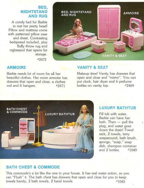 1970s Barbie Dream House Bed and Bath Barbie Dream Furniture Collection, Vintage Toys 80s, Furniture Staging, Barbie Booklet, 80s Barbie, Barbie 80s, Dream Furniture, Barbie Toys, Barbie Vintage