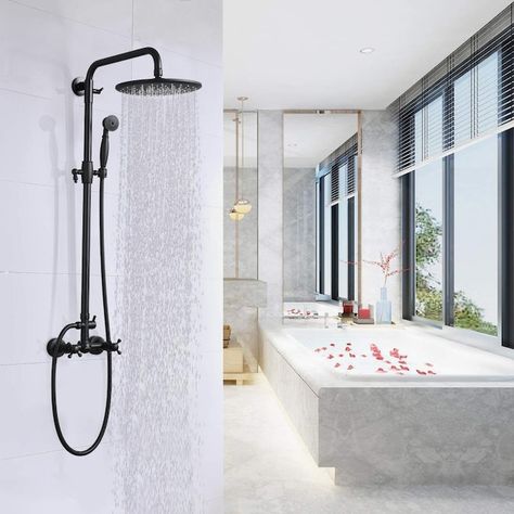 CASAINC Brass Exposed Pipe Shower System with 8-in Rainfall Shower Head and Handheld Shower Head Set (Matte Black) in the Shower Systems department at Lowes.com Rain Shower System, Square Bath, Bathroom Layouts, Dual Shower Heads, Rainfall Shower Head, Tub Spout, Handheld Shower Head, Shower Taps, Rainfall Shower