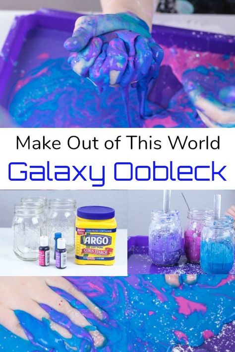 Out Of This World Preschool Activities, Space Themed Messy Play, Out Of This World Crafts, Eclipse Experiments For Kids, Galaxy Preschool Activities, Galaxy Oobleck, Space Experiments For Kids, Oobleck Activities, Fun Rainy Day Activities