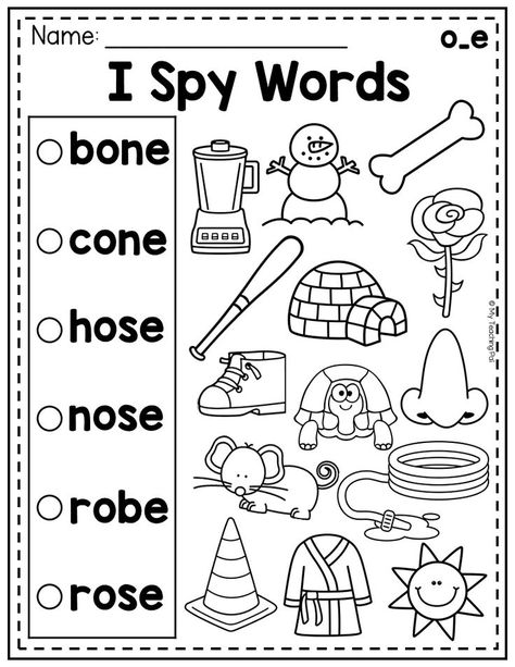 This CVCE worksheet for long o words will have your students practicing how to read long vowel words. Students read the word and then search for and color the picture that matches it. It is a fun I Spy phonics activity for Kindergarten students. I Spy Phonics, Cvce Worksheets, I Spy Worksheets, Bossy E, Words Worksheet, Kindergarten Phonics Worksheets, Homeschool Preschool Activities, Toddler Homeschool, Cvce Words