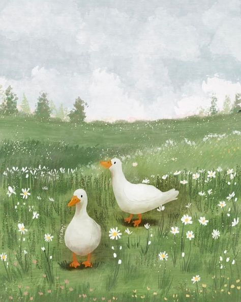 August Drawings, Cute Duck Illustration, Ducks Illustration, Daisies Illustration, Meadow Illustration, Daisy Illustration, Flowery Background, Duck Illustration, Spring Illustration