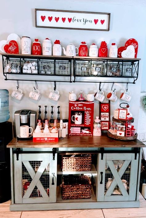 Valentine's Day Coffee Bar, Valentines Coffee Bar Decor, Valentines Day Coffee Bar Decor, Valentine Coffee Bar Ideas, Valentines Coffee Bar, Holiday Coffee Bar, Valentine Coffee, San Valentine, Coffee Stations