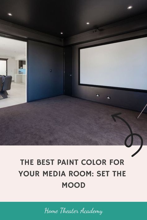 A dark-painted media room with a large screen, promoting the best paint color for home theaters. Basement Movie Room Paint Colors, Theater Room Wall Color Ideas, Home Theatre Paint Colors, Home Theater Room Colors, Movie Room Paint Colors Home Theaters, Movie Room Color Ideas, Theatre Room Paint Colors, Theater Room Colors, Man Cave Color Scheme