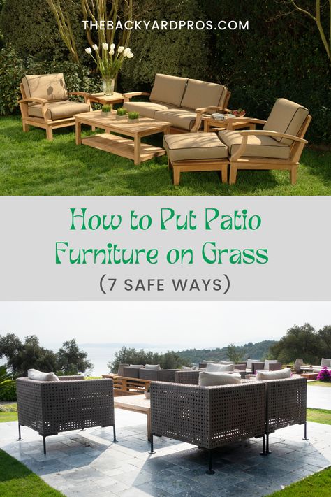 Transform your outdoor space with confidence! Discover 7 safe and practical ways to arrange your patio furniture on grass. From clever tips to prevent sinking to creative ideas for stability, this guide has you covered. Get ready to relax and entertain in style on your lush green carpet! Outdoor Grass Area, Grassy Backyard Outdoor Spaces, Chairs On Grass Backyard, Backyard Furniture On Grass Outdoor Living, Deck On Grass Ideas, Patio Furniture On Turf, No Patio Solutions, Garden Furniture On Grass Ideas, Grass Sitting Area Outdoor Spaces