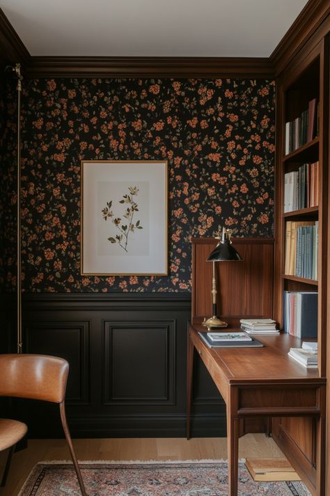 Make your home cozy whatever the season with these dark feminine, dark academia decor ideas and design tips. Office With Floral Wallpaper, Dark Wainscoting With Wallpaper, Moody Office With Wallpaper, Coffee Nook Wallpaper, Library With Wallpaper, Art Deco Dark Academia, Little Women Interior, Small Office Dark Walls, Moody Office Wallpaper