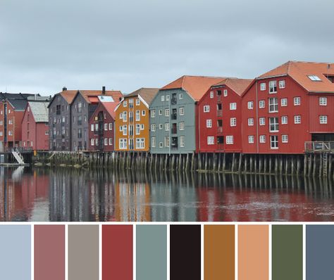 The wharf at Trondheim, Norway Norwegian Color Palette, Norway Color Palette, Trondheim Norway, Norwegian House, Colour Architecture, Nordic Modern, Trondheim, Color Schemes Colour Palettes, Stavanger