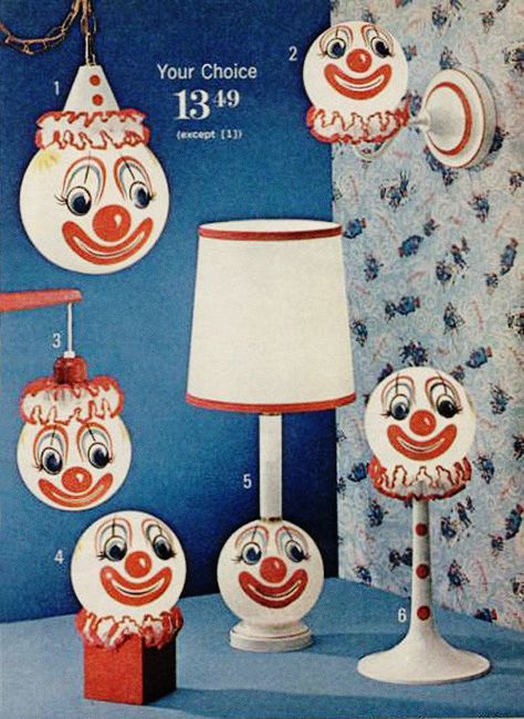 Creepy clown lamps coming out of the walls, the ceilings, the tables, everywhere... Send In The Clowns, Cute Clown, Vintage Clown, Clowning Around, Images Vintage, Retro Pop, Vintage Ads, Kitsch, Circus