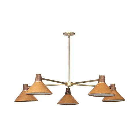 A modern mix of materials creates this midcentury-inspired chandelier. Shades are covered with 100% top-grain leather and topped with a walnut finial. Aged-brass detailing completes the look.Product Overview Available Colors: Aged Brass Powder Coated Black & White Dimensions: 49.25"W x 49.25"D x 7"H Materials: Bras Aged Brass Chandelier, Classic Chandelier, Round Chandelier, 5 Light Chandelier, Natural Walnut, Round Leather, Four Hands, Chandelier Shades, The Grove