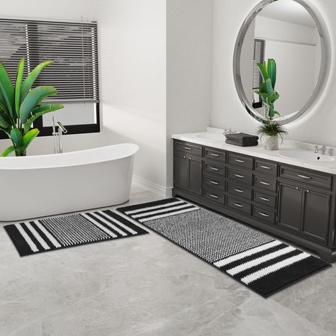 PRICES MAY VARY. Title: Starryle Bathroom Rugs Set 2 Piece, Extra Soft and Absorbent Fluffy Striped Chenille Bath Mat Rug Set, Non Slip Bathroom Floor Mat, Machine Washable (21" x 59" Plus 20" x 32", Black). Product Type: Categories > Bath > Bath Rugs Black And White Bathroom Rugs, Bathroom Rugs Ideas Master, Non Slip Bathroom Flooring, Chenille Bath Mat, White Bathroom Decor, Future Apartment Decor, Palette Ideas, Bathroom Floor Mat, Bathroom Rug Sets