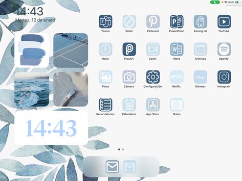 Ipad Homescreen Ideas Aesthetic Blue, Blue Ipad Aesthetic, App Design Ipad, Digital Workspace, Icona Ios, Ipad Lockscreen, Holiday Iphone Wallpaper, Ipad Homescreen, Ipad Organizer