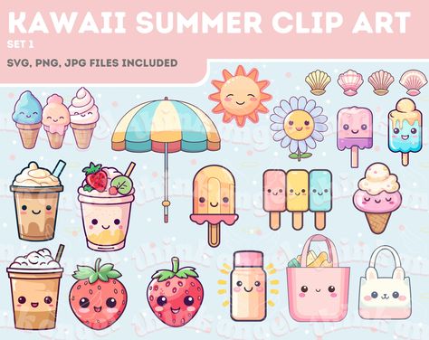 Summer Clip Art, Ice Cream Cute, Kawaii Ice Cream, Kawaii Summer, Summer Vector, Kids Workshop, Kawaii Clipart, Kawaii School Supplies, Cute Food Drawings