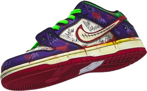 Introducing the Joker Dunk Low custom sneakers by Stomping Ground Customs, paying homage to Heath Ledger's iconic portrayal of the Joker in The Dark Knight. These sneakers feature a mesmerizing design inspired by the character, with a meticulous hand-painted custom smile swoosh. Elevate your style with this unique and edgy footwear, capturing the essence of the Joker's enigmatic charm in every step. Heath Ledger, The Dark Knight, The Joker, Custom Sneakers, Dunk Low, Dark Knight, Custom Shoes, In The Dark, The Darkest