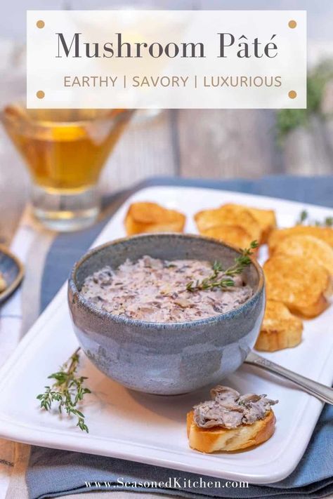 Earthy and savory, luxurious Mushroom Pâté will soon be part of your regular recipe rotation. Made with dense, meaty cremini (baby Portobello) mushrooms, it's easy to prepare, too! And, it's so full of deep umami flavors, even your meat-eating friends will love it. #mushroomappetizers #mushroompaterecipe #glutenfreeappetizers #vegetarianappetizers #seasonedkitchen Mushroom Pate Recipe, Vegetarian Pate, Mushroom Pate, One Bite Appetizers, Mushroom Appetizers, Pate Recipes, Canned Mushrooms, Gluten Free Appetizers, Crowd Pleasing Appetizers