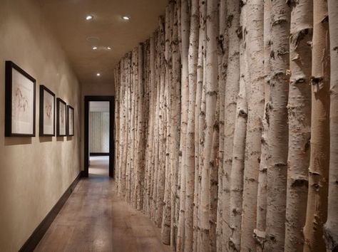 12 Ways To Use Actual Birch Trees In Your Home ~The birch trees give this long hallway a very interesting look. Arranged side by side along the wall, the trees impress with their beautiful texture and color. In fact, the color of the bark closely matches that on the wall and ceiling~ Long Hallway, Design Del Prodotto, Birch Trees, Home Goods Decor, Birch Tree, Ranch House, Fun Decor, 인테리어 디자인, Modern Rustic